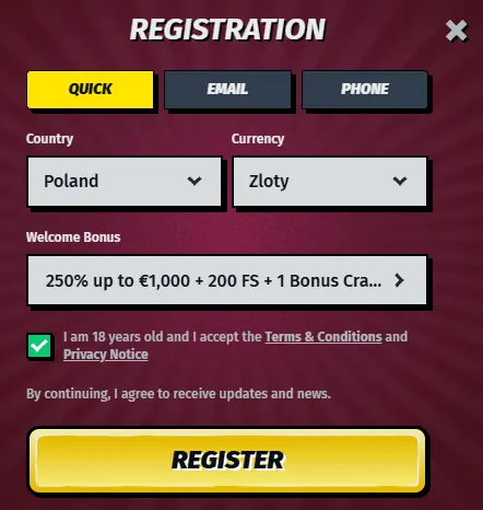 Allyspin Casino - Pannello di accesso